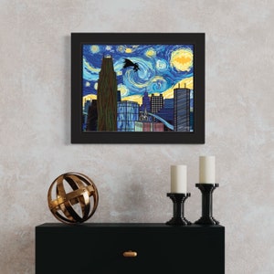 Poster/Wall art. Batman is the Dark Knight jumping through Starry Night  over Gotham City drawn in the style of Van Gogh