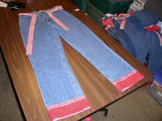 jeans with ribbon on bottom