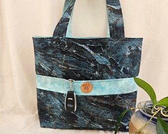 Reversible cotton tote - Striations of dark and light teals, black, white & a touch of brown create this unique fabric (see details below)