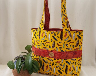Reversible hand-made cotton tote - Feather Toss on a dark yellow. Part of the Birds of a Feather collection. See below for more details.