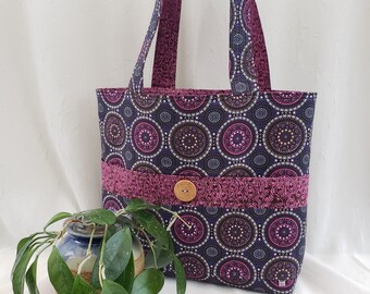 Reversible hand-made cotton tote - Australian Aboriginal art. Bush Berry design by Marlene Doolan. See below for more details.