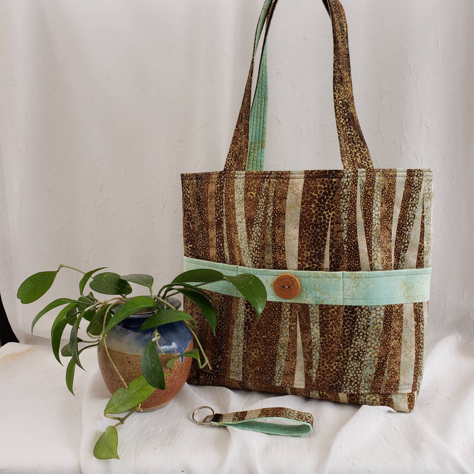 Reversible Cotton Tote Bag Soothing Browns and Seafoam With 