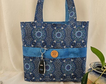 Reversible cotton tote - "Bush Flowers" Australian Aboriginal art fabric in a peaceful array of blue, purple black and white circles