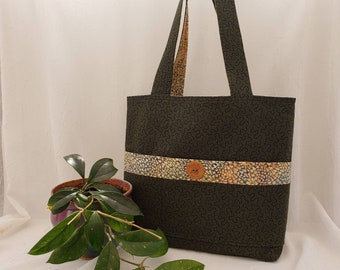 CLEARANCE Reversible cotton tote, dark green & black lacey shamrock design, interior multicolored "prehistoric" footprints by Linda Ludovico