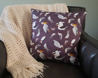 Sea Birds throw pillow cover, 18x18 square made of premium cotton fabric. See below for more details.