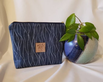 Medium zippered flat-bottom pouch - blue and white. Makeup bag or organization/utility pouch.