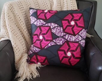 Dutch-waxed African print throw pillow cover, 18x18 square made of premium cotton fabric. See below for details.