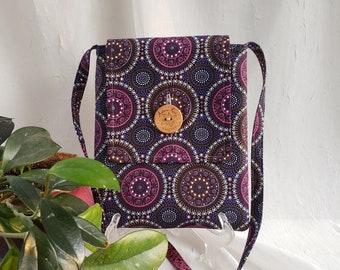 Crossbody cotton bag, Australian Aboriginal Bush Berry design by Marlene Doolan (detailed features and measurements below).