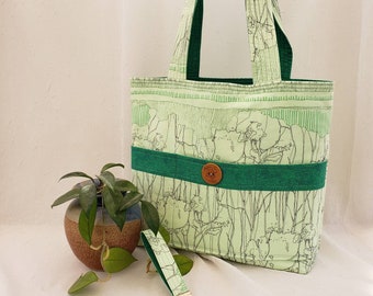CLEARANCE Reversible cotton tote, soft green outside, dark green inside, 23" quilted straps, 6 pockets, matching crossbody avail