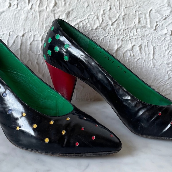 Martinez Valero Black Patent Leather Color Cut-Out Dots Vintage Pumps - Womens Size 5.5