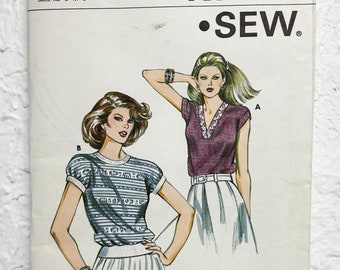 Kwik Sew Ladies Tops Round/V-Neck Vintage Sewing Pattern #1156 Misses Sizes XS-L Uncut