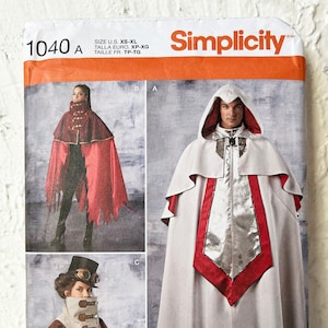 Simplicity Costume Steampunk Hooded Cape Sewing Pattern 1040A Misses Mens XS-XL