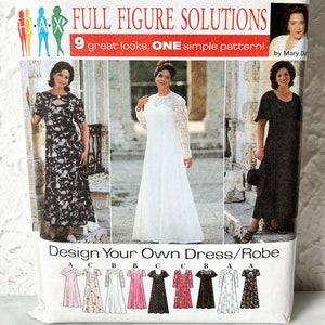 May include: Simplicity sewing pattern number 7163 for a full figure dress or robe. The pattern includes nine different looks, with a variety of necklines, sleeves, and fabrics. The pattern is designed for sizes 18W-24W.