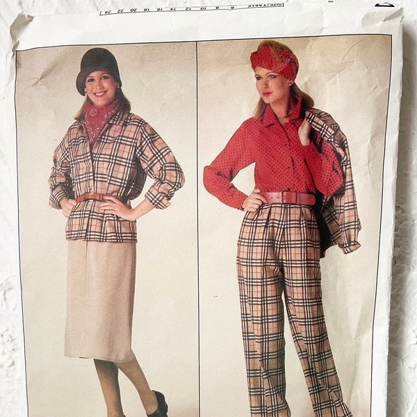 Vintage Vogue Burberry Check Jacket Skirt Pants Blouse Sewing Pattern 0995 Misses Sizes 8-10-12 Uncut