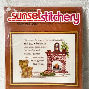 Bless Our Home Cozy Fireside Crewel Sunset Stitchery Kit-Vintage Embroidery Kit