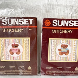 Lucy Bear Sampler & Bobby Bear Sampler Sunset Stitchery Kits Vintage Crewel Kits