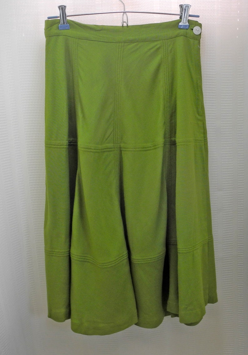 Vintage Lime Green A-Line Skirt Fitted Waistband Raised Topstitching