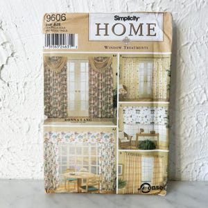 May include: Simplicity Home window treatment pattern. The package features images of various curtain designs, including floral and patterned drapes. The package also includes the text "Donna Lang Interior Design".
