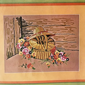 Vintage Bucilla Needlecraft Crewel Kit Summer Shadows #2241 Straw Basket Hat & Flowers