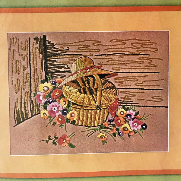 Vintage Bucilla Needlecraft Crewel Kit Summer Shadows #2241 Straw Basket Hat & Flowers