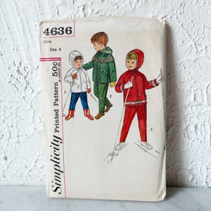 May include: A Simplicity sewing pattern envelope labeled 4636 for a child's size 4 outfit. The front features illustrations of three children wearing hooded jackets and pants in red, green, and white, with one child holding ski poles.