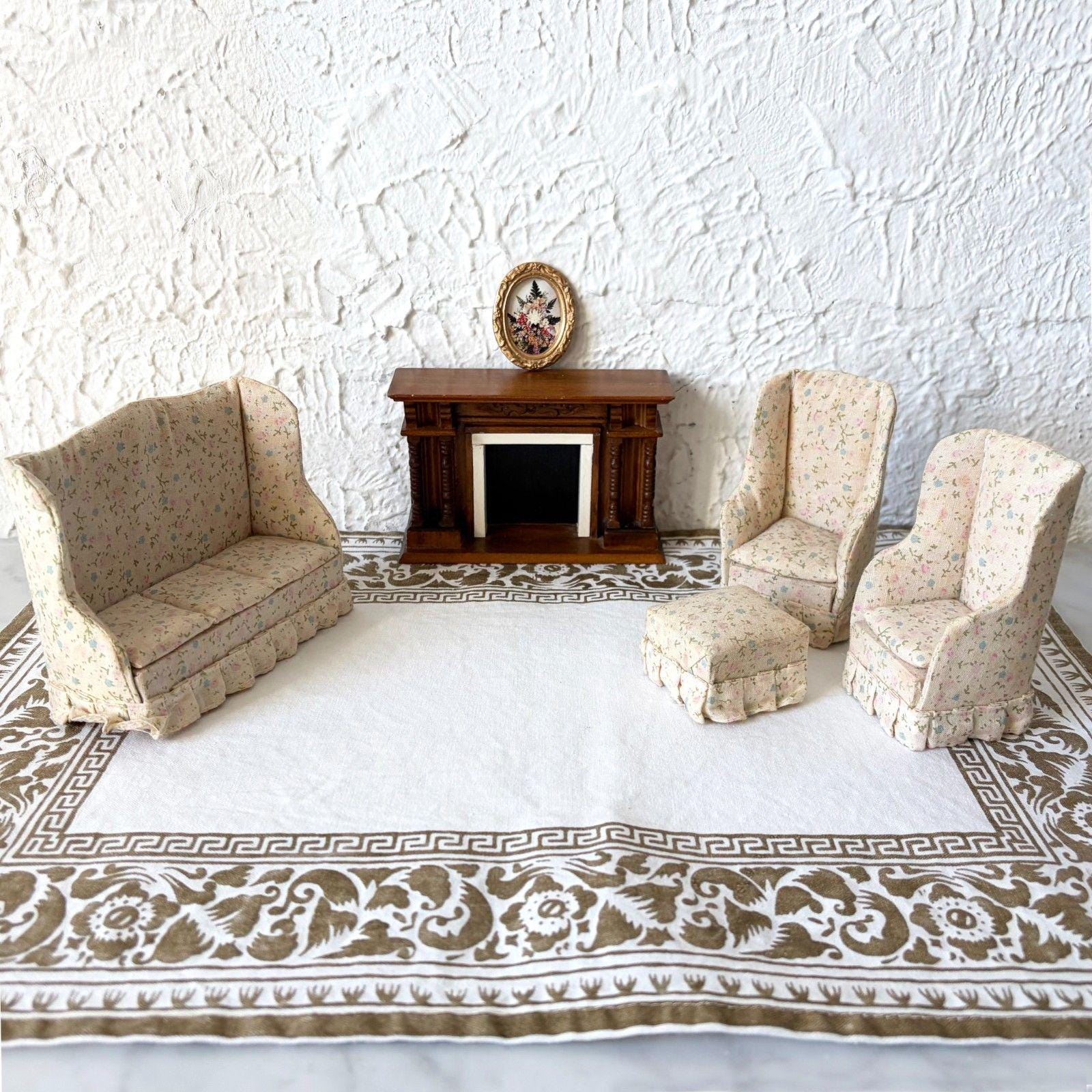 Town Square Miniatures Dollhouse Living Room Set Sofa 2 Chairs Ottoman Fireplace