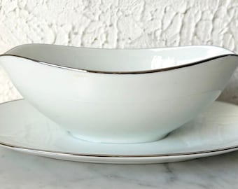 Vintage Noritake Colony China Gravy Boat Attached Underplate White Platinum Trim