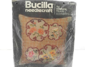 Far Eastern Blossoms Linen Decorator Pillow Kit Vintage Bucilla Needlecraft #3485 Crewel