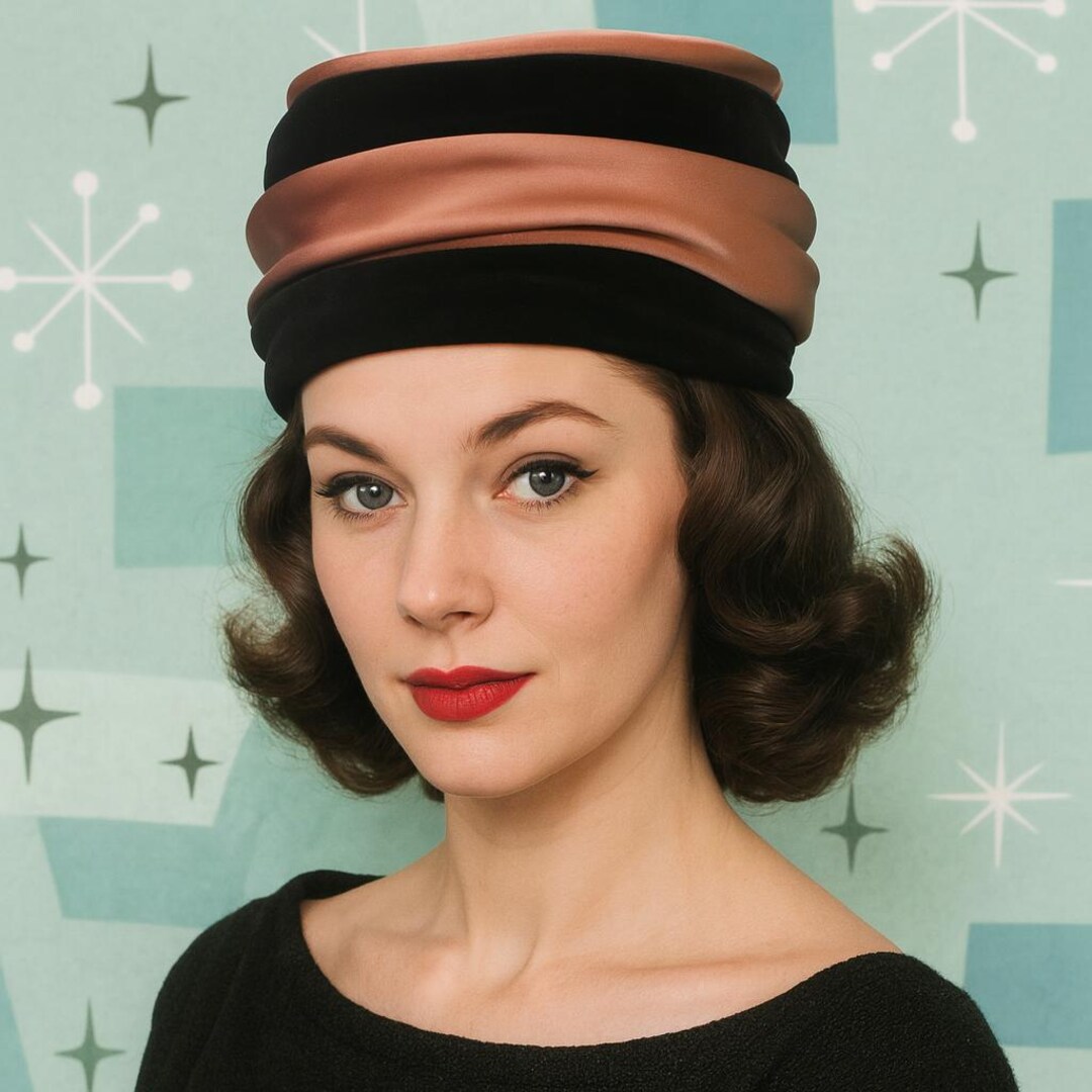 Vintage 1950s Screen Vogue Original Hat Burgundy Velvet Pink  display picture 1
