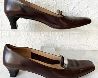Salvatore Ferragamo Brown Leather Pumps 9.5 AAAA Narrow Silver Bar Square Toe
