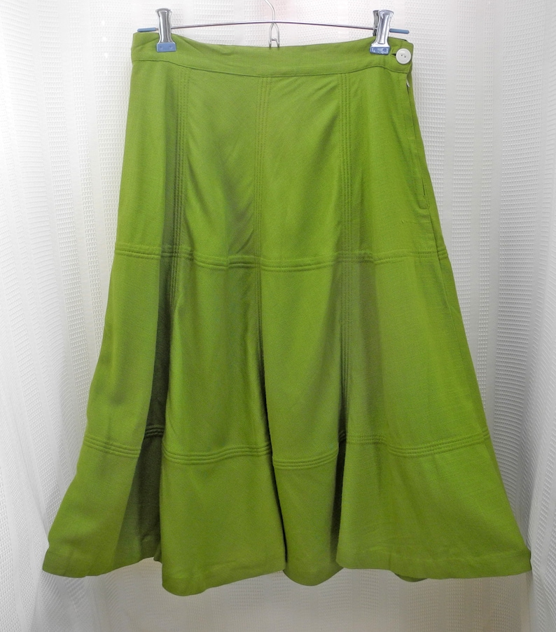 Vintage Lime Green A-Line Skirt Fitted Waistband Raised Topstitching