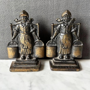 Vintage Dutch Milk Maid Bookends Cast Iron Dutch Girl with Milk Pails Door Stop
