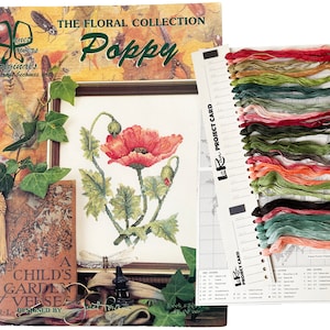 Janet Powers Floral Collection Poppy do haftu krzyżykowego Vintage Ulotka z muliną w zestawie