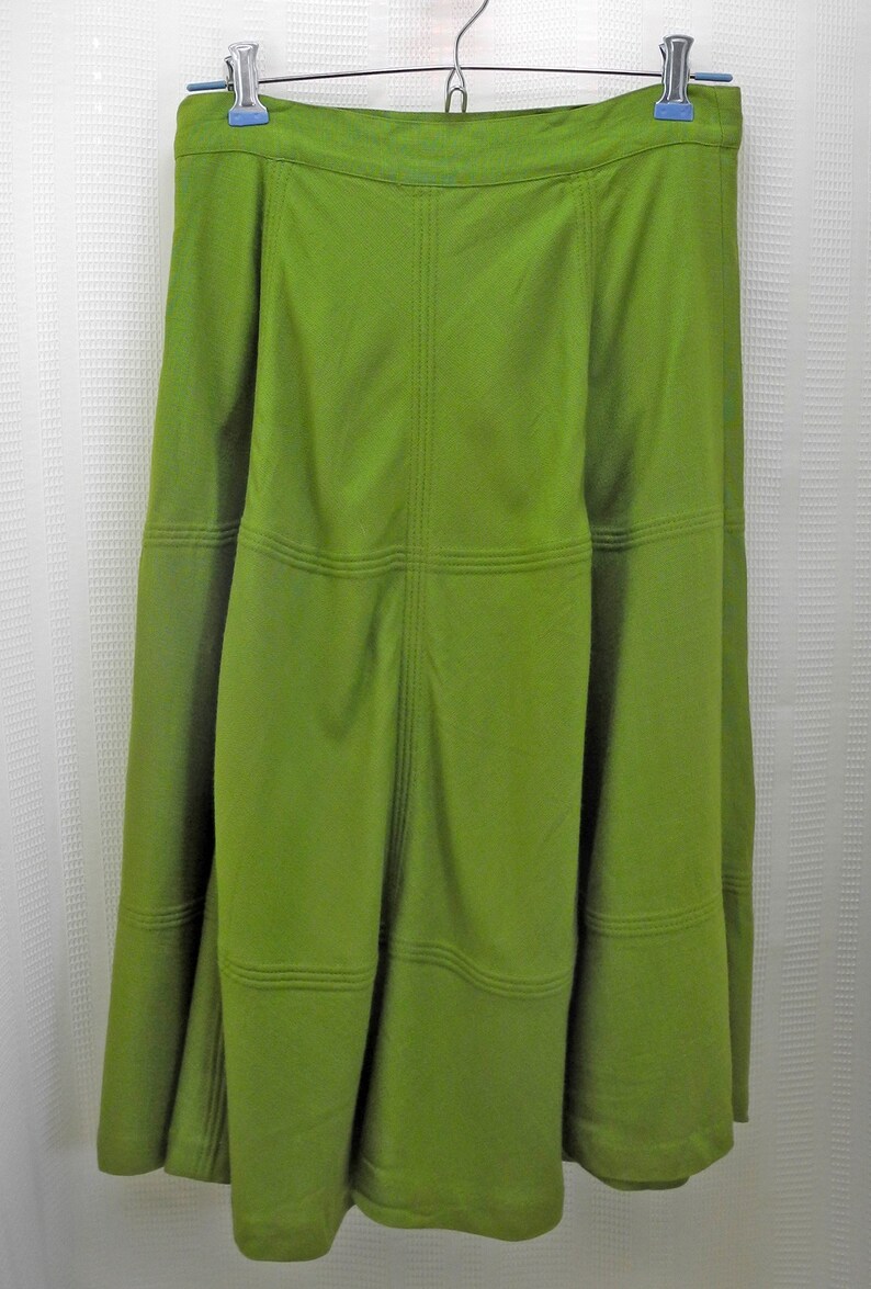 Vintage Lime Green A-Line Skirt Fitted Waistband Raised Topstitching