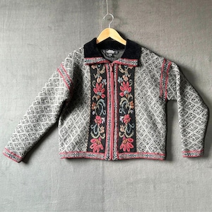 Vintage Icelandic Design Cardigan Sweater Zip Front Lined Wool Grey Red - Women&#39;s L