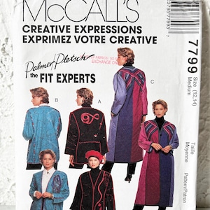May include: A sewing pattern for a long, colorful jacket with a variety of design options. The pattern is from McCall's Creative Expressions and is for sizes 12-14. The pattern is called "The Fit Experts" by Palmer/Pletsch.