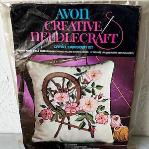 Spinning Wheel and Wild Roses Vintage Crewel Embroidery Kit Avon Needlecraft