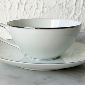 Vintage Noritake Colony China Japan Flat Cup & Saucer Set White Platinum Trim