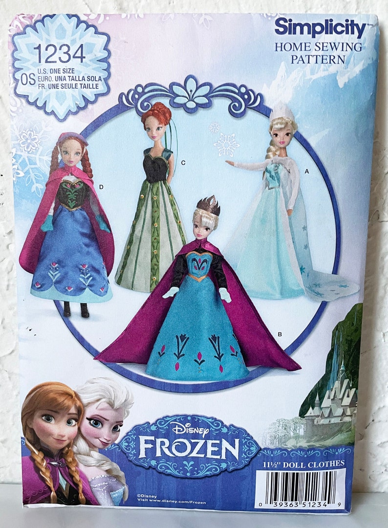 May include: A Simplicity sewing pattern for 11 1/2 inch doll clothes featuring Disney's Frozen characters. The pattern includes four different outfits: a blue dress with a red cape, a green dress with a black bodice, a blue dress with a purple cape, and a light blue dress with a white cape. The pattern is labeled "1234" and "OS" for one size.
