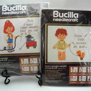 Vintage Bucilla Needlecraft Crewel Kits God&#39;s Miracles Sampler #3523 Smile Sampler #3525