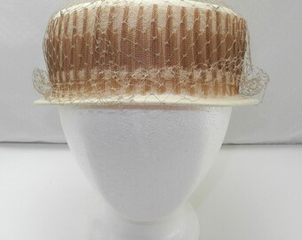 Vintage Ivory/Brown Pillbox Hat-Netting/Open Top-Kay & Guy Anderson New York