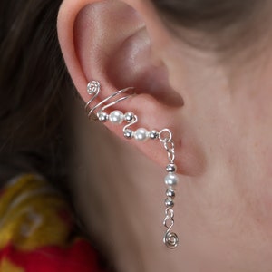 Delicate Ear Cuffs, Sterling Silver and Austrian Pearls with a pretty little drop, for a wedding, prom, or just to feel special. Dangling image 1