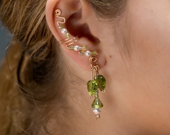 Elegant Ear Cuffs, 14K Gold Filled Wire, Green Czech Glass Leaves, Austrian Pearls, sold as a pair, formal, bridesmaid, celtic, nature