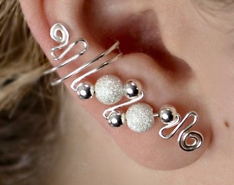 Ear Cuffs on the ear lobe with Shiny Sterling Silver and Stardust-Finished Beads, sold as a pair, comfort assured. Handcrafted in PA, USA