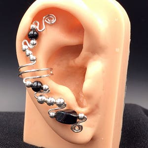 Pair of Black And Sterling Silver Ear Cuff Earrings featuring Hematite Beads, no pierced ears needed