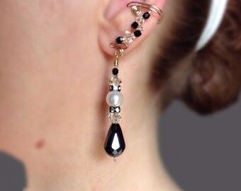 Black Crystals and Freshwater Pearls and Gold Ear Cuffs, pair, for a special occasion with complete comfort assured