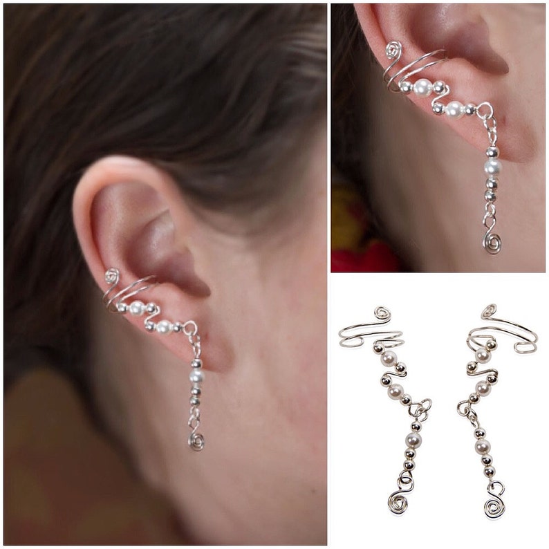 Delicate Ear Cuffs, Sterling Silver and Austrian Pearls with a pretty little drop, for a wedding, prom, or just to feel special. Dangling image 3