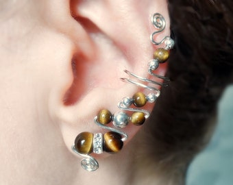 Tiger's Eye, Sterling Silver and Austrian Crystals Ear Cuffs, pair, comfortable and elegant, no ear piercings needed