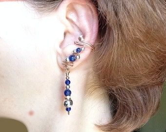 Blue Lapis Lazuli Ear Cuffs with Silver and Gold, pair, comfortable and no pierced ears necessary