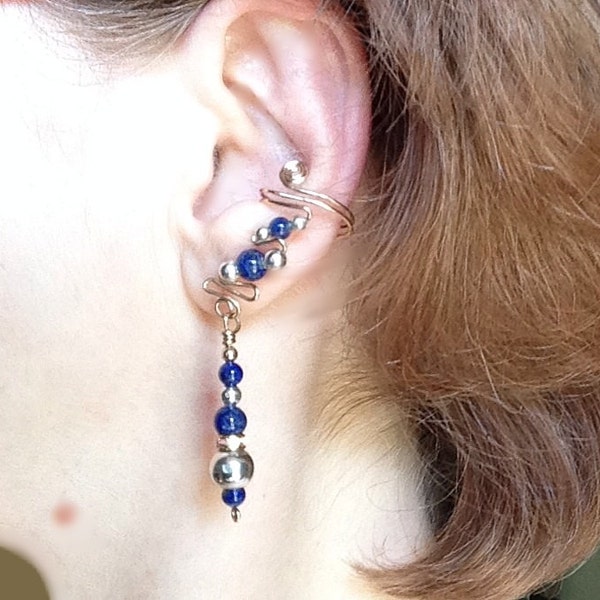Blue Lapis Lazuli Ear Cuffs with Silver and Gold, pair, comfortable and no pierced ears necessary